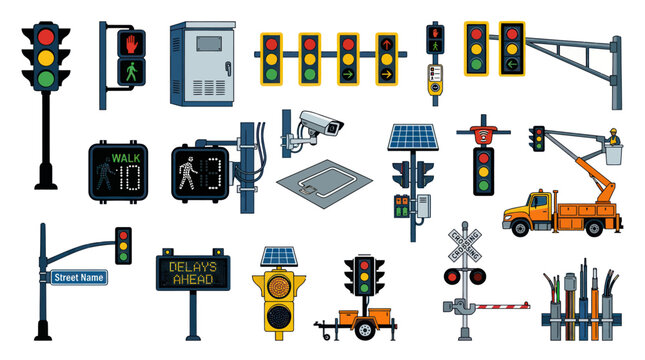 Traffic Signal Lights  Roadway Equipment Set, Flat Vector Icons