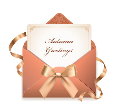 Elegant Autumn Greetings Card in a Terracotta Envelope with a Gold Ribbon and Bow