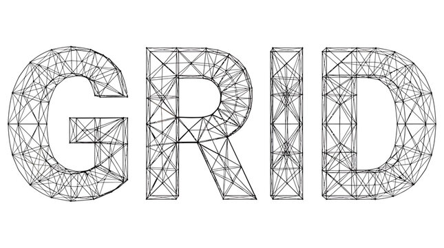 Wireframe Grid Text: The word GRID rendered in a 3D wireframe polygonal mesh style, representing interconnected points and lines, symbolizing structure, network, and digital construction.