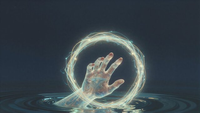 A glowing hand reaches through a shimmering ring above rippling water.