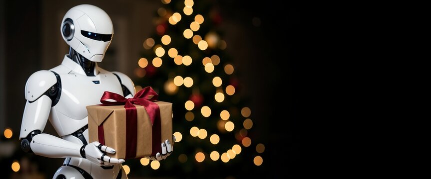 Futuristic white robot holding a Christmas gift box in front of a blurred festive tree.