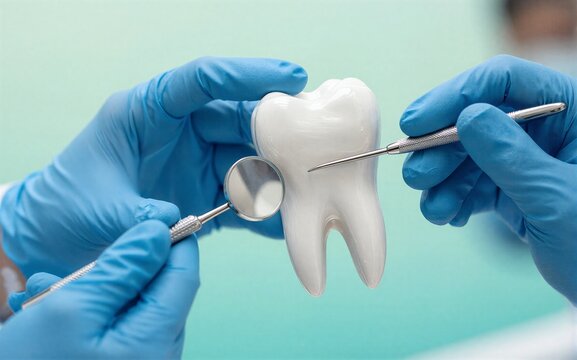 Dentist's hands examine a tooth model with a dental mirror and probe.