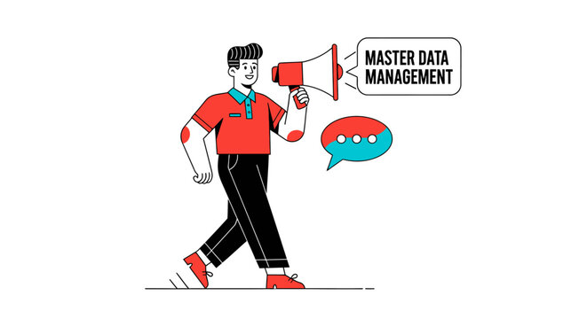 Illustration of man holding megaphone for data management.