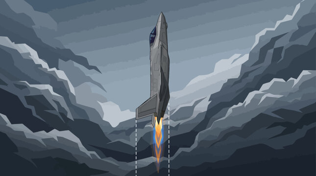 An isometric illustration of a rocket launching into a cloudy sky