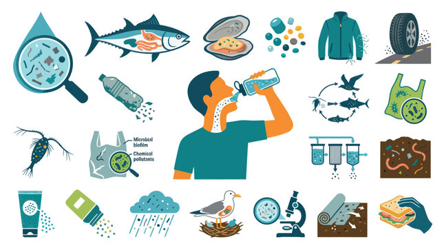 Environmental Microplastic Pollution, Human Health, Food Chain Impact Flat Vector Illustration Set