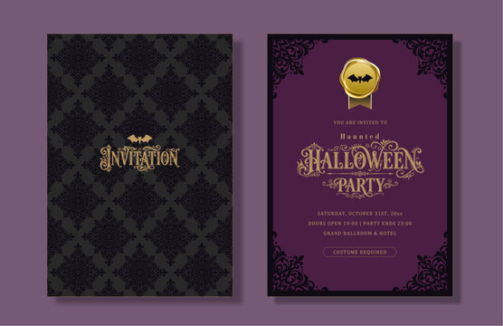 Elegant Gothic Halloween Party Invitation Template with Gold Wax Seal