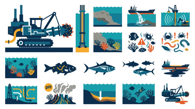 Environmental Marine Pollution Flat Vector Icons: Ocean Ecosystem Threats, Dredging, Offshore Drilling, and Wildlife