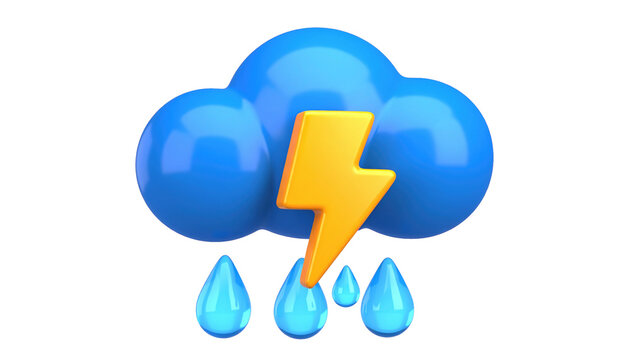 3D blue storm cloud icon with lightning bolt and raindrops isolated on white background