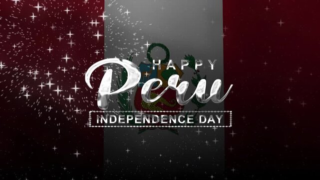 Happy peru independence day text animation with waving flag and fireworks. Perfect for independence day promotions, national holidays, and event decorations.