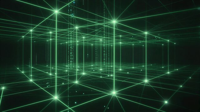 Green digital grid with binary code, futuristic cyber space visualization.