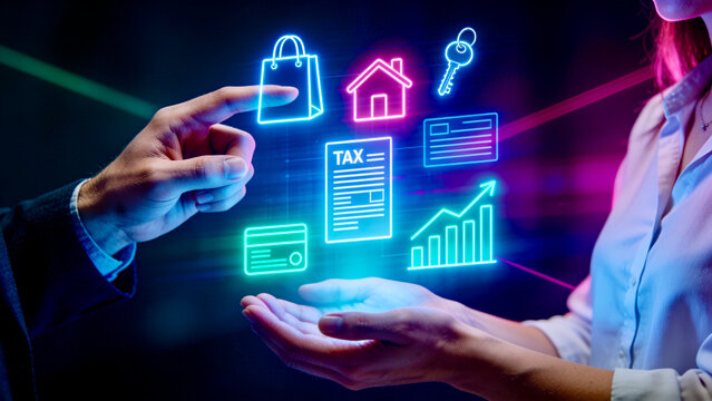 Financial planning and tax concept with hands interacting with glowing neon icons of house, shopping bag, credit card, and growth chart.