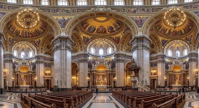 Grand ornate interior of historic European cathedral with golden domes.