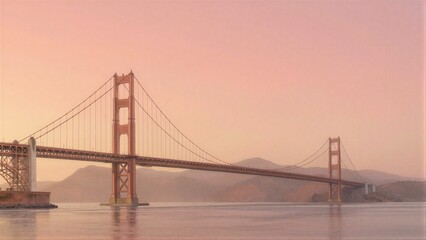 Obraz premium Golden Gate Bridge at dawn, pink sky, calm water, distant mountains.