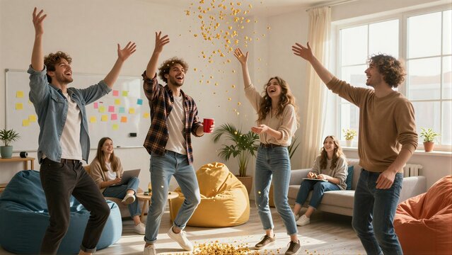 Four friends joyfully throw popcorn in a bright, cozy living room together.