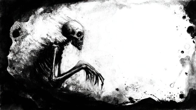 Sinister skeletal figure emerging from darkness with copy space