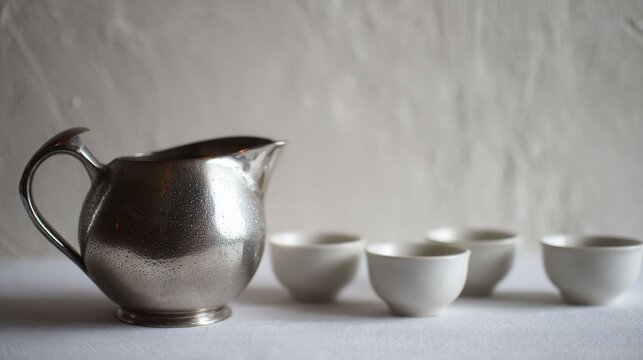 Polished silver pitcher with condensation droplets next to ceramic cups on a white surface