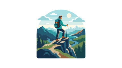 Fototapeta premium Backpacker Standing on Mountain Peak Overlooking Scenic Valley River Landscape
