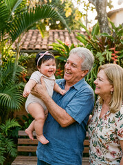 Fototapeta premium Grandparents holding smiling baby outdoors