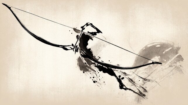 Ink painting of archer shooting arrow against cream backdrop