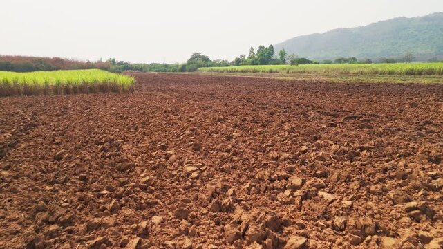 Drone aerial top view dry topsoil plowed supply chain sugar cane field eco farm net zero waste rural plant crop. The way forward asia go green carbon credit neutral ESG SDGs farmer agribusiness land.