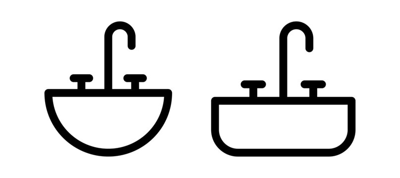 Bathroom and kitchen sink icon set featuring two outline sink designs. Plumbing pictograms isolated on black and white background for web, apps, navigation and interface design.