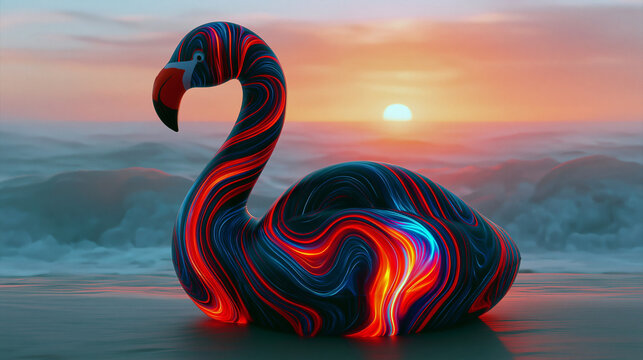 Abstract Neon Flamingo Sculpture at Sunset Over Ocean