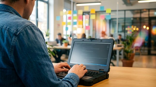 Software developer writing code on a laptop in a modern collaborative office
