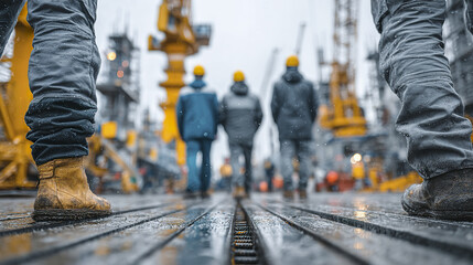 Obraz premium Construction worker boots on wet metal platform with blurred workers and cranes in background during rainy day