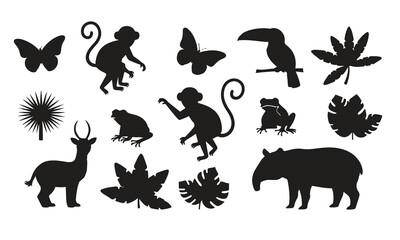Fototapeta premium Collection of jungle animals and plants silhouettes