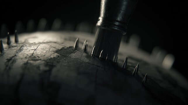 Close up of a machine working on a textured surface in a dark environment
