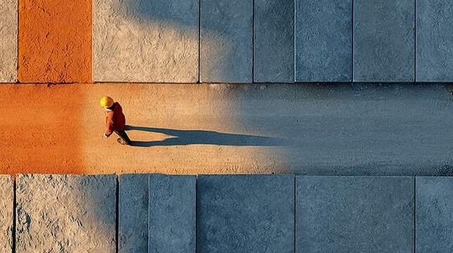 Construction worker walking on concrete surface casting long shadow in warm light and cool shaded area