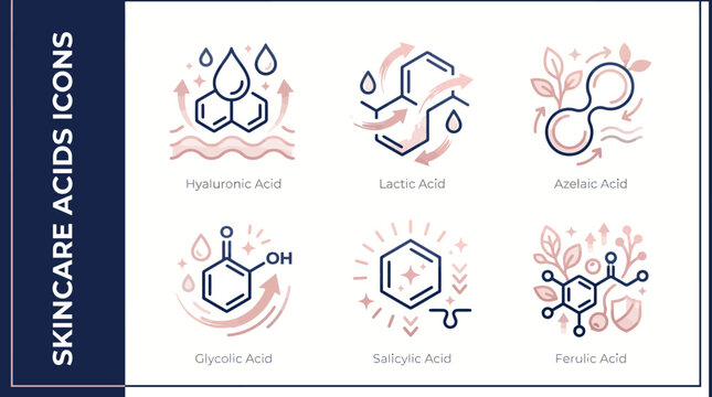 Six skincare acid icons infographic showcasing active ingredients like glycolic acid, lactic acid, hyaluronic acid and other cosmetic acids