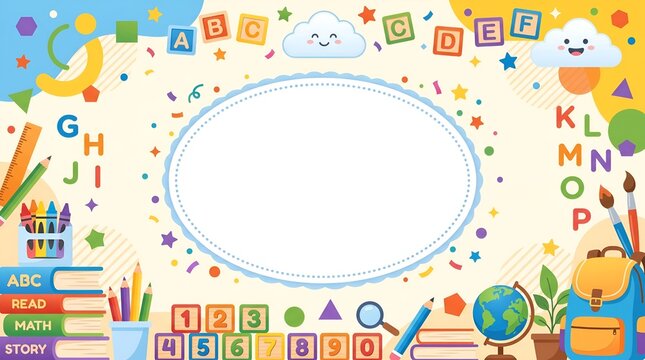 Cute back to school frame background with school supplies, alphabet letters, numbers, and copy space for text cartoon educational border template for kids
