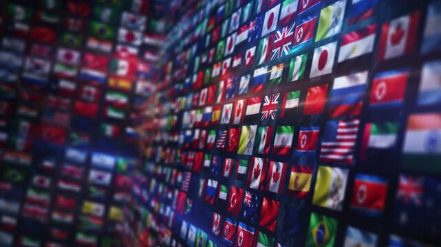 International flags wall representing global unity and connection