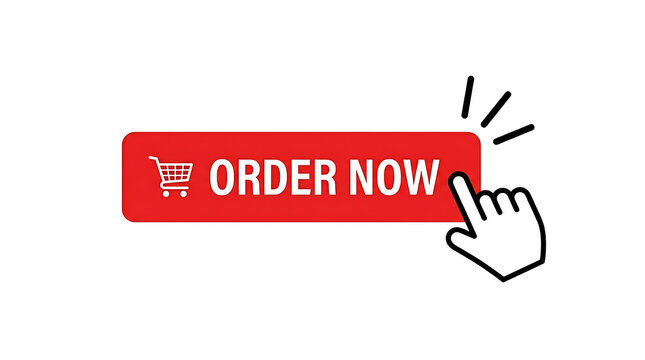 Red order now button with shopping cart icon and mouse cursor clicking