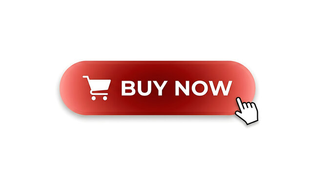 Red buy now button with shopping cart icon and mouse cursor clicking