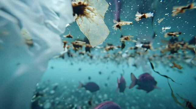 Marine fish swimming through plastic waste and debris in polluted ocean water. 4k Footage Video