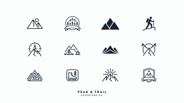 Minimalist adventure icons set showcasing hiking camping and mountain climbing symbols for outdoor brand logos