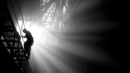 Fototapeta premium Worker climbing industrial structure with bright light rays shining through metal framework creating dramatic silhouette and intense atmosphere