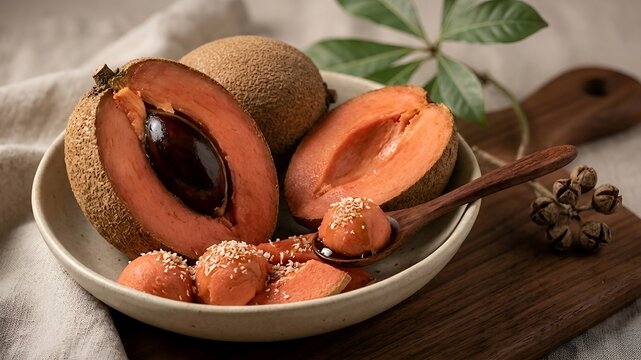 Exotic mamey sapote fruit halved with scoops in a bowl