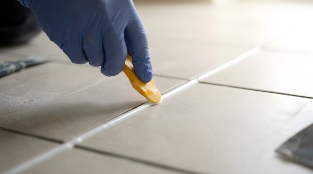Tile grout cleaning in home renovation with gloved hand using tool to scrape between bathroom floor tiles, representing housekeeping maintenance, deep cleaning service work