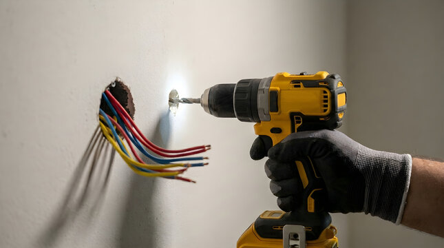 Electrical wiring repair in residential wall socket with electrician using cordless power drill to install outlet, representing home renovation maintenance