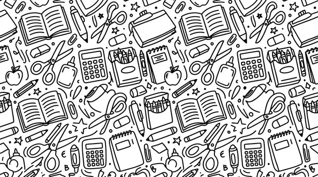 Seamless pattern with school supplies, hand drawn doodle stationery items, back to school background isolated on white background