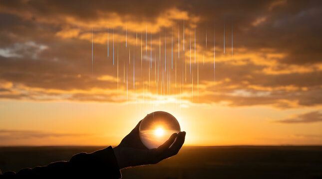Sustainable energy concept with hand holding glowing sun sphere against dramatic sunset sky and falling light particles, representing renewable power