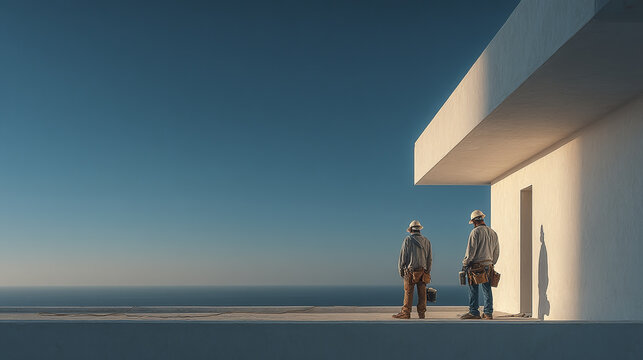 Two construction workers wearing helmets stand on rooftop terrace of modern building overlooking ocean under clear blue sky, creating calm and focused atmosphere