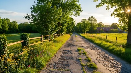Fototapeta premium Rural farmland dirt road lined with crops.