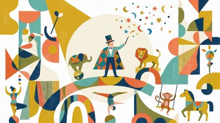 Fototapeta premium Vibrant circus scene with a magician, a lion, an elephant, and acrobats in action