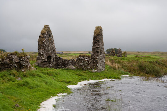 Historic stone ruins at Finlaggan on Eilean M&ograve;r, Islay, Scotland