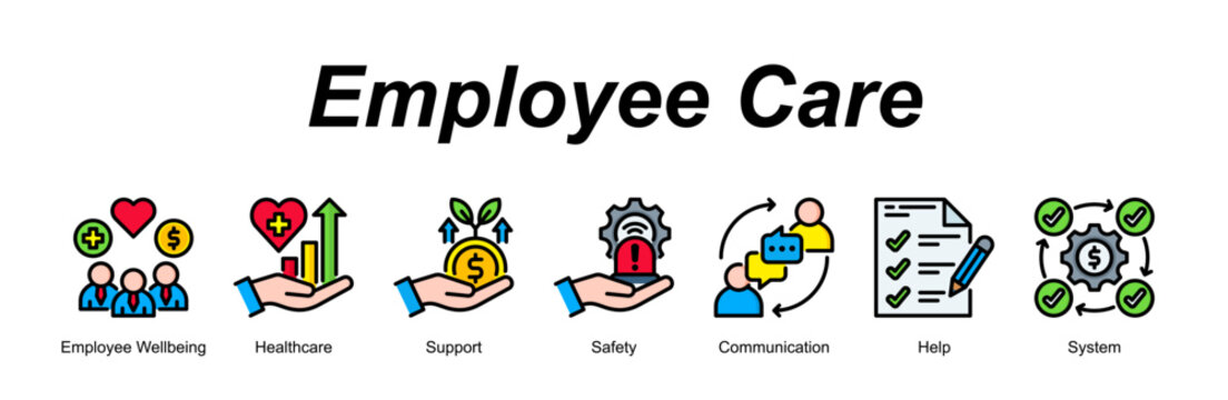 Employee Care banner web icon vector illustration concept with an icon of Employee Wellbeing, Healthcare, Support, Safety, Communication, Help, System 