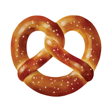 Realistic watercolor illustration of a traditional soft pretzel with coarse salt topping, isolated on light background. ideal for bakery branding, menu design, labels, posters, and baking projects.
